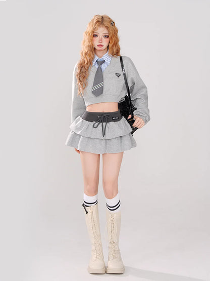 College + Tie Short Style Sweatshirt + Set Color Striped Piece Faux Skirt Two
