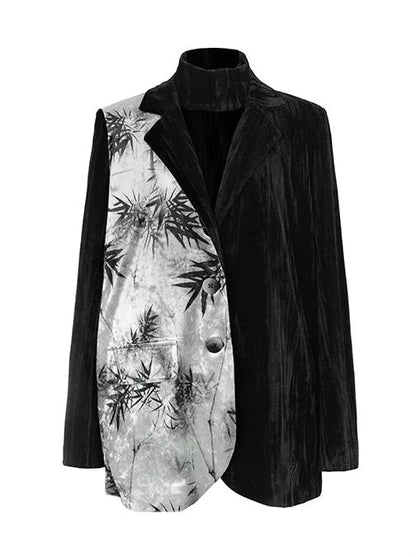 Veste imprimée chinoise en velours de bambou contrasté avec épissure de couleur