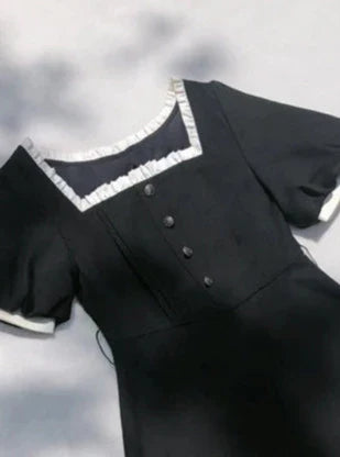 Square Black Pearl Waist Necklace French Collar Dress Black Ribbon Catsuit Retro