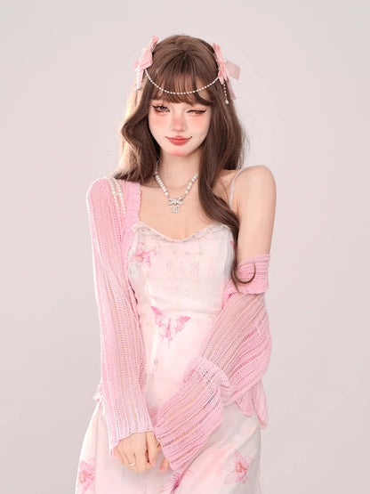 Dress Fan Suspended + Pink Knit Dream Butterfly Sheer Cardigan