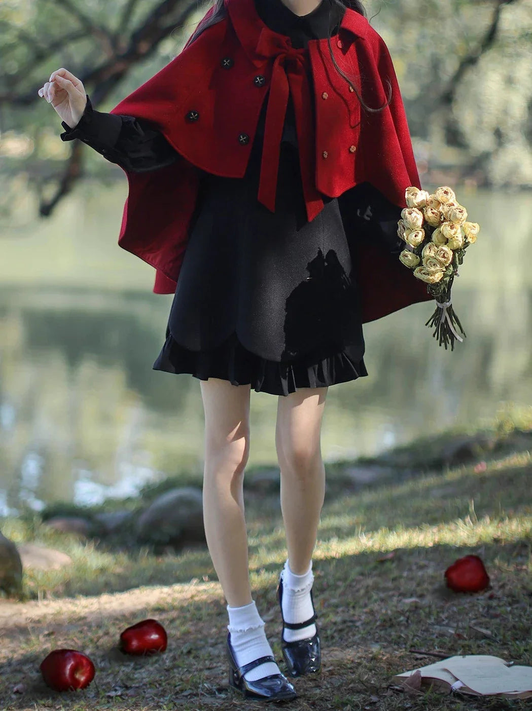 Dress Retro Ruffle Two Coat + Cape Faux Black Red Piece