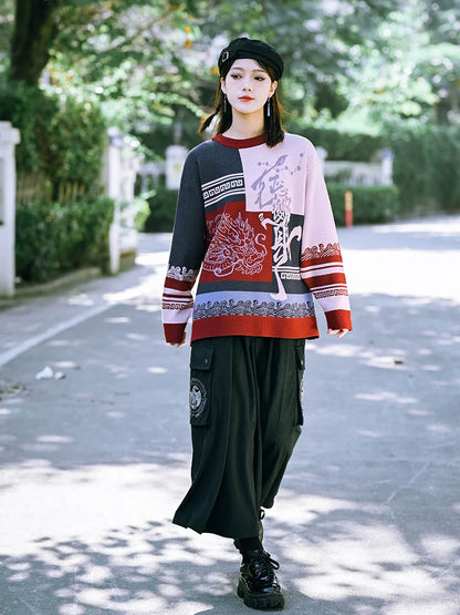 ラウンドスタイル チャイナカラー ネックニット ルーズ コントラスト ニューブロック