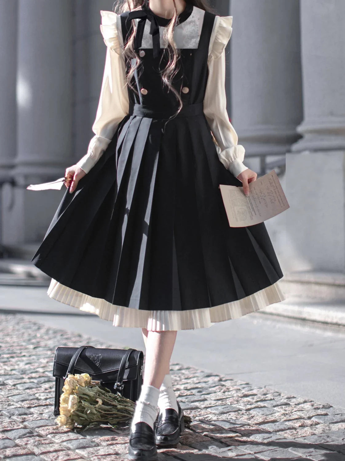 Pleated Ruffle Ribbon College Dress Shirt Accessories Retro Suspender + Elegant Layered Shoulder + Lace