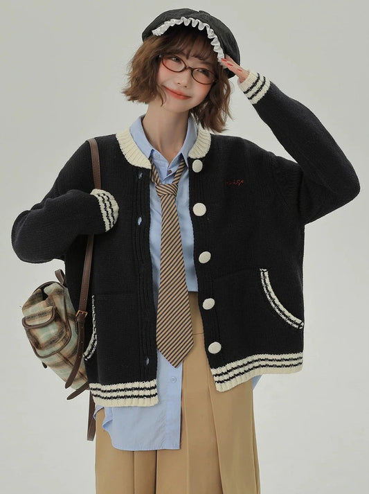 Lazy Knit Cardigan Collar College Loose Stand Style