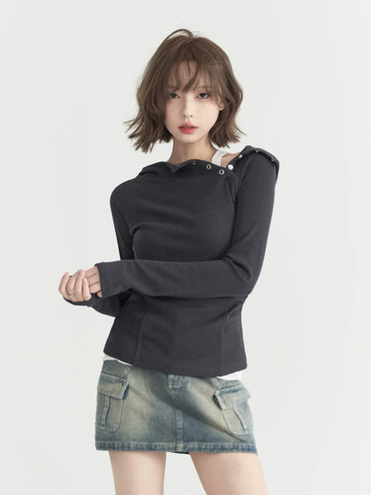 Button Slim Hooded Shoulder Top