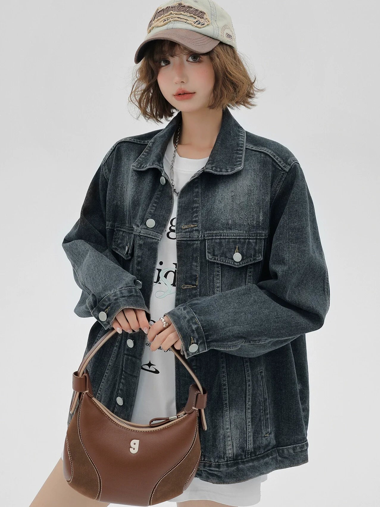 Veste américaine délavée en denim nostalgique ample et rétro