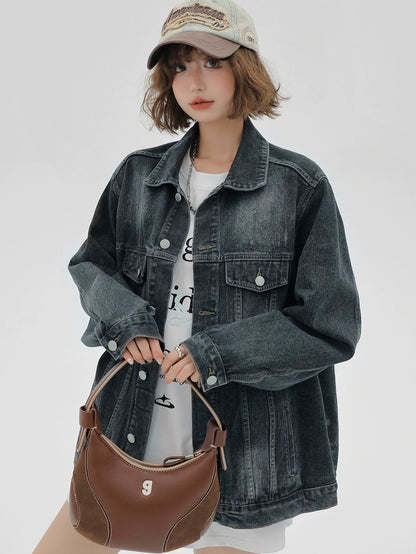 Veste américaine délavée en denim nostalgique ample et rétro