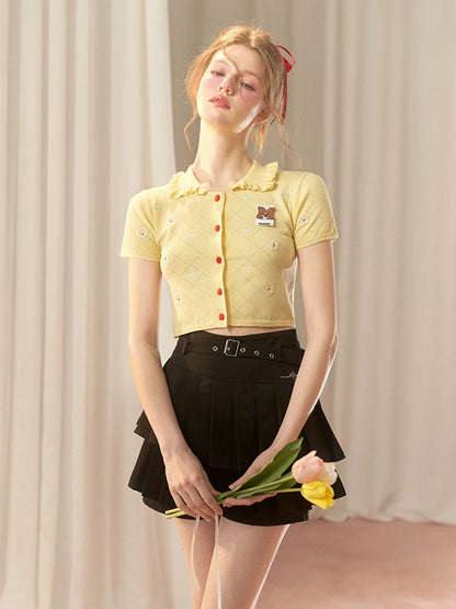 Knit Flower American Short Cardigan Collar