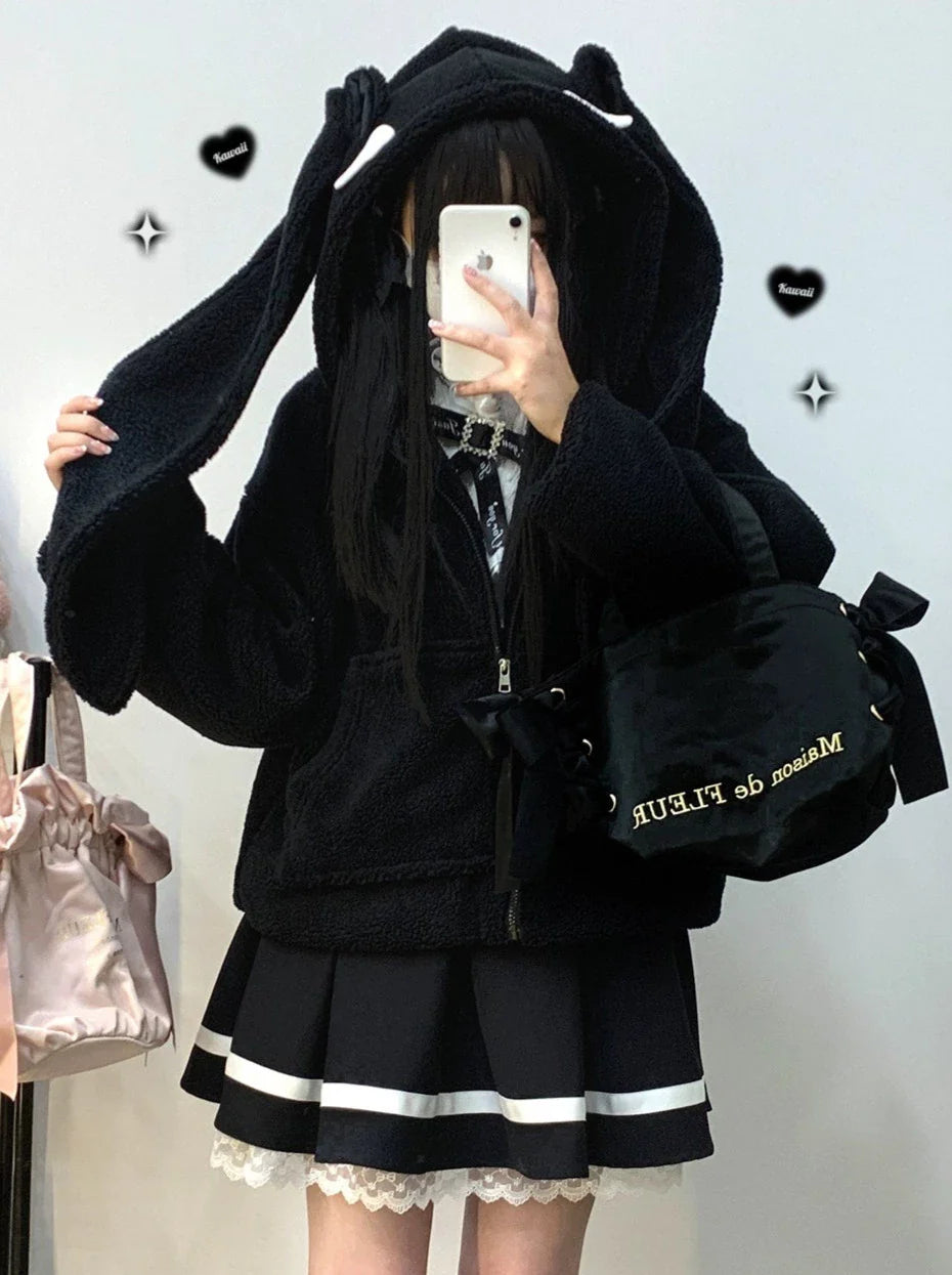 Veste zippée en peluche à oreilles de lapin gourmandes courtes/longues