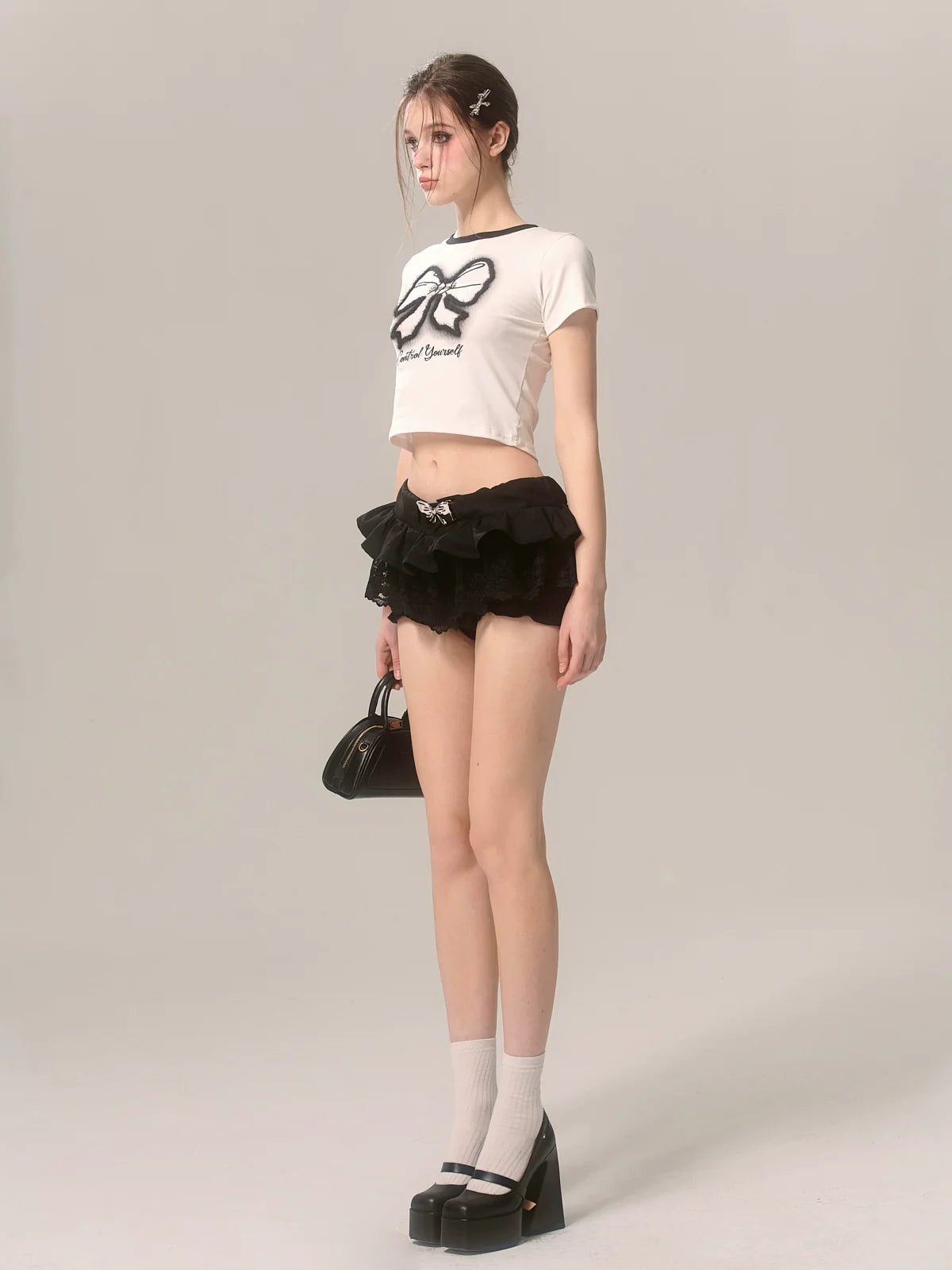 Slim Printed White T-Shirt Ribbon Short