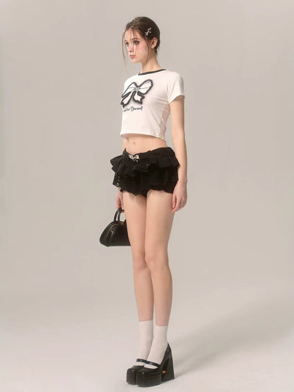 Slim Printed White T-Shirt Ribbon Short