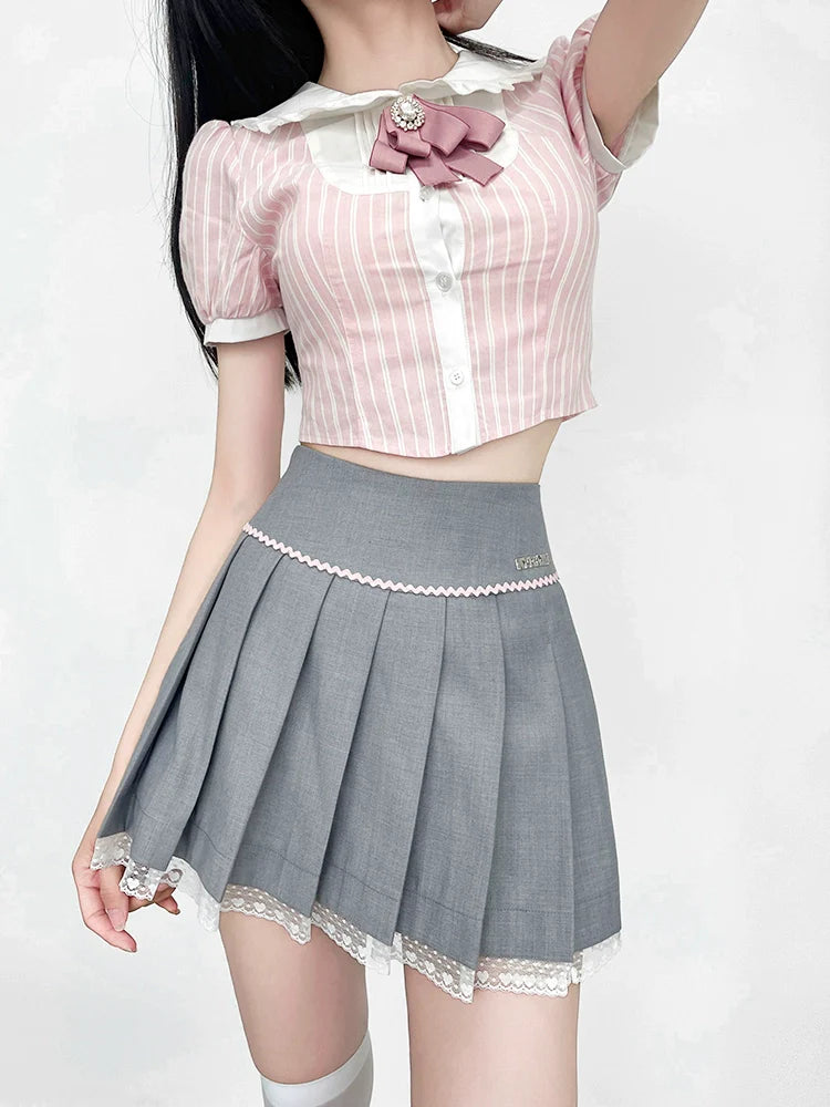 Striped Color Top Ribbon Puff Sleeve Sweet