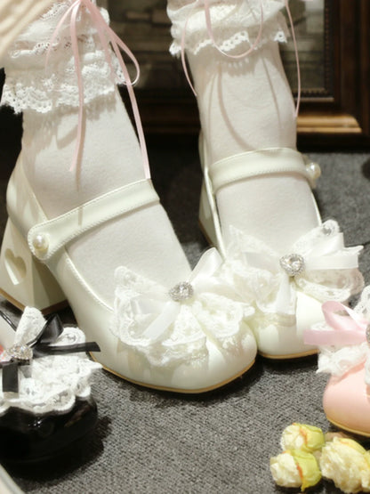 Chaussures élégantes à talons carrés en dentelle et ruban, bout pointu, Lolita Love