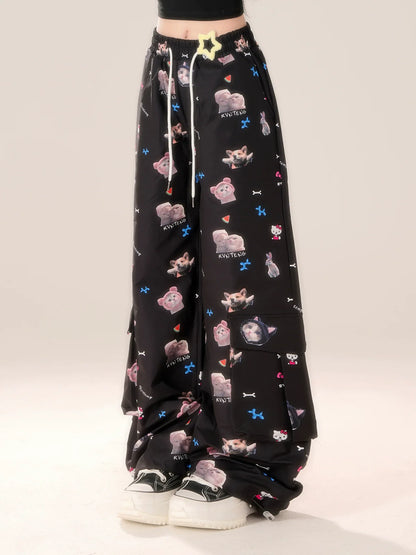 Casual Niche Pants Black Design Hook Cat