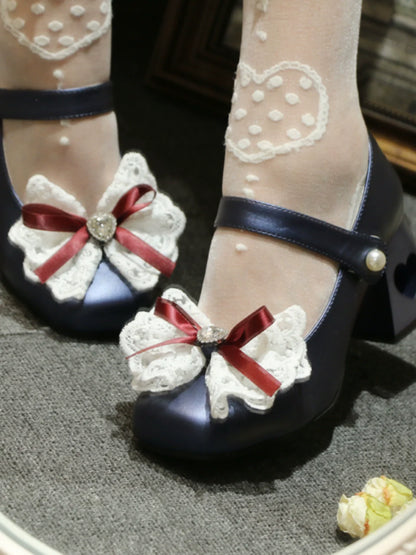 Chaussures élégantes à talons carrés en dentelle et ruban, bout pointu, Lolita Love