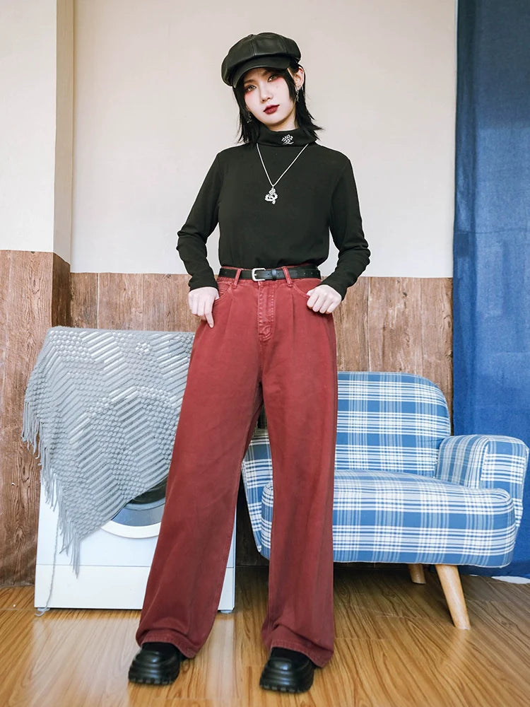 レッドデニムワイドストレート