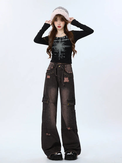 Gradient Retro Cargo Denim Damaged Black Pants