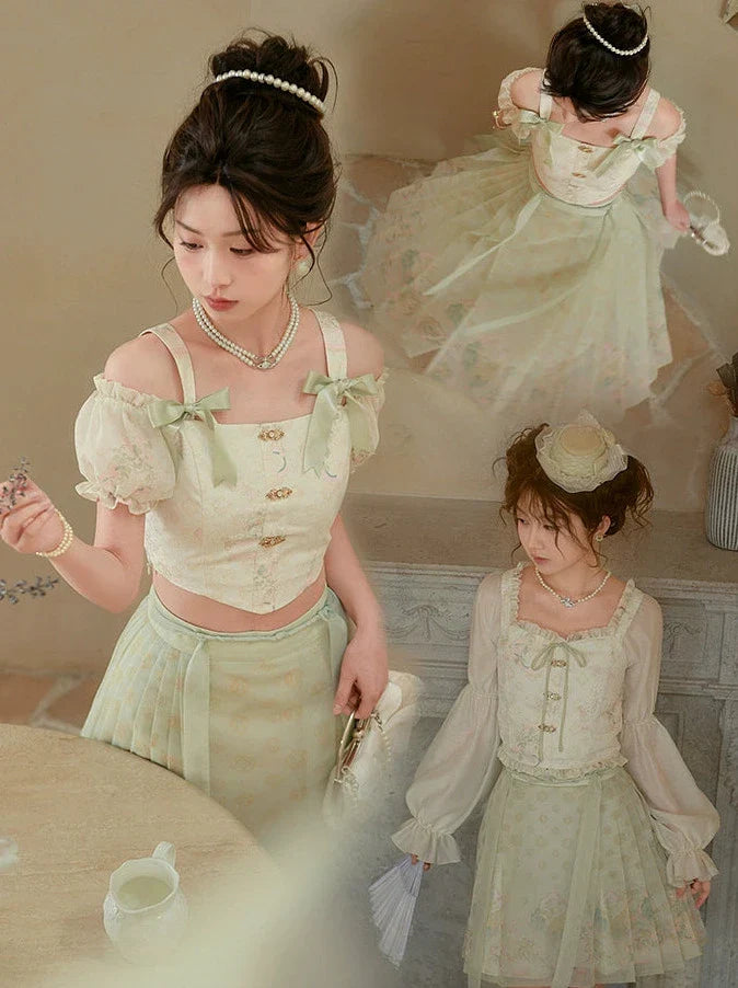 Ensemble floral en mousseline de soie légère de Chine verte
