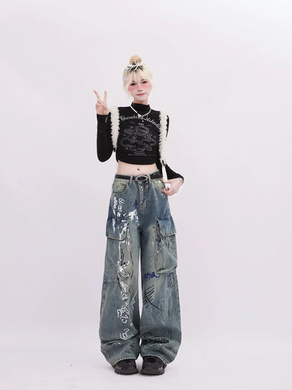 Double Pants Denim Art Illustration Pocket