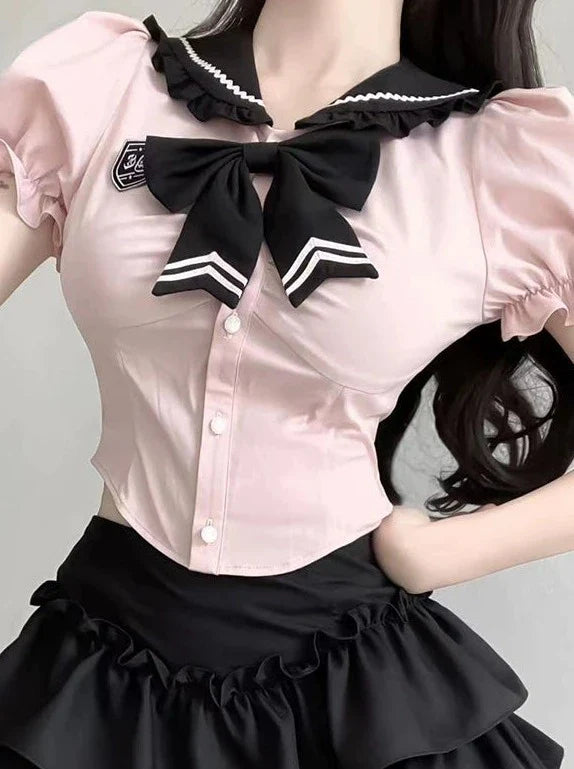 Girl Puff Flared Skirt Ribbon Top Ruffle Slim Sweet Sleeve