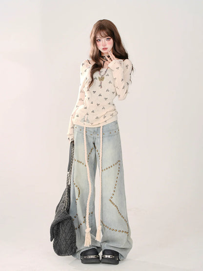 Waist Denim High Blue Sheer Pants Studded Star