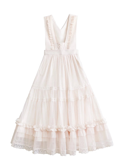 Haut à pois taille haute Lolita à volants et ruban, robe d'été légère, élégante et douce avec ruban en dentelle