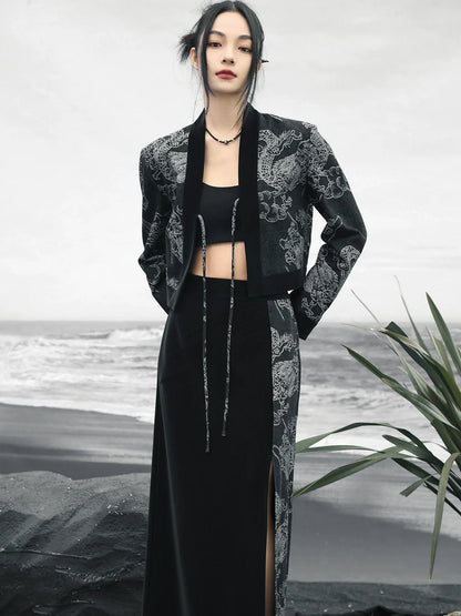 Haut ample rétro à taille haute avec double boutonnage et motif dragon en jacquard
