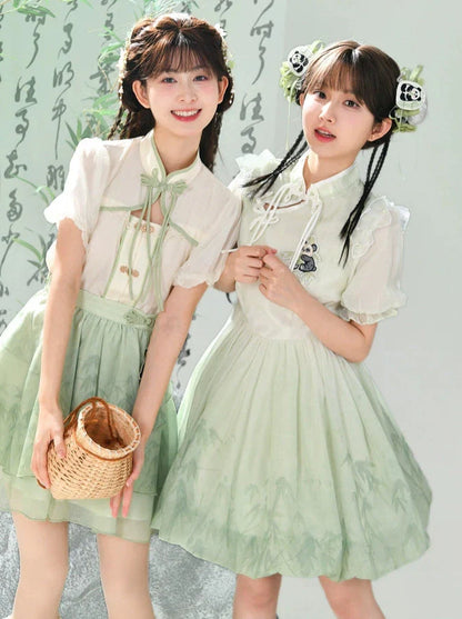 Ensemble chemise et jupe à manches longues Panda Kung Fu menthe + mousseline