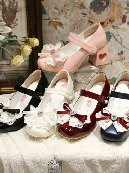 Chaussures élégantes à talons carrés en dentelle et ruban, bout pointu, Lolita Love