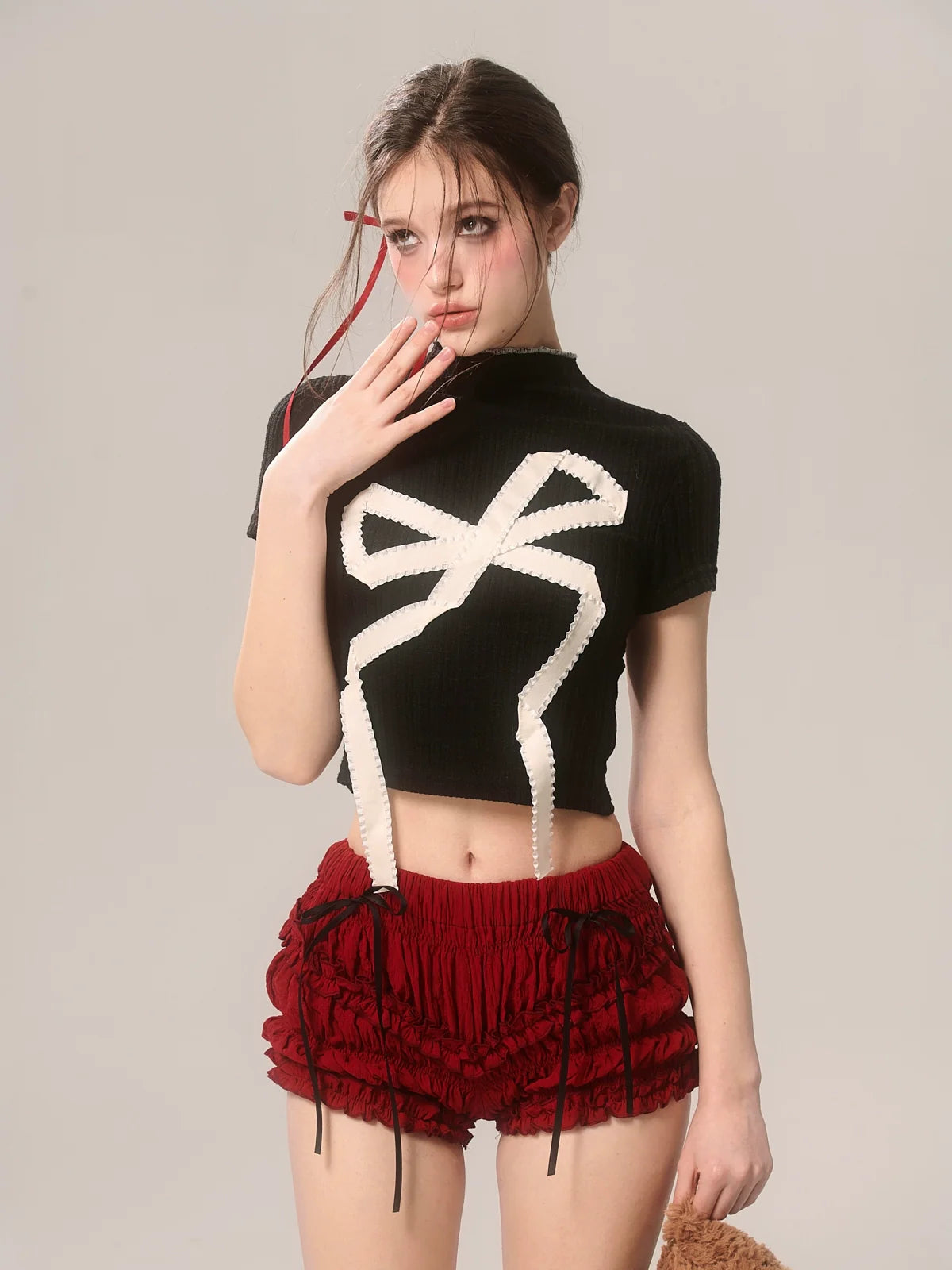 Neck Sweet Big Short American T-Shirt High Ribbon