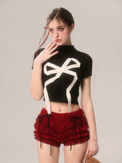 Neck Sweet Big Short American T-Shirt High Ribbon