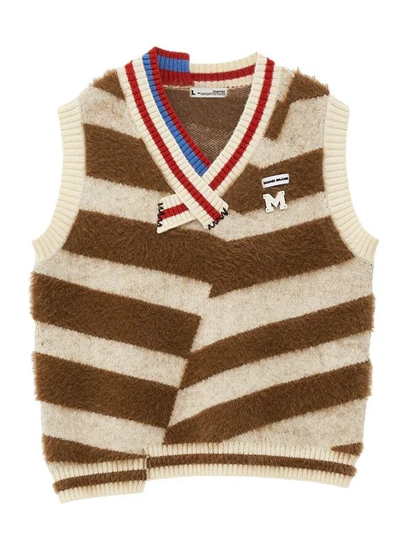 Gilet en polaire tricotée, col en V, rayé, asymétrique, fourrure