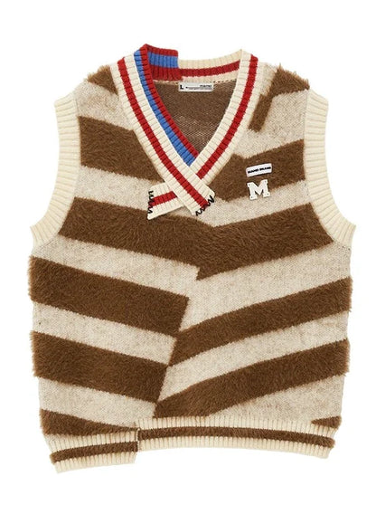 Gilet en polaire tricotée, col en V, rayé, asymétrique, fourrure