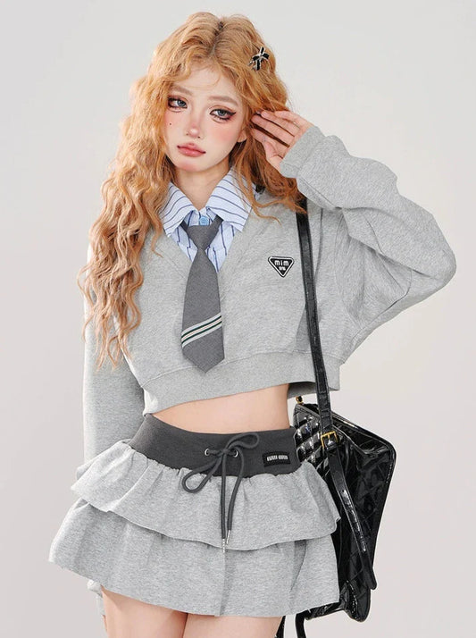 College + Tie Short Style Sweatshirt + Set Color Striped Piece Faux Skirt Two