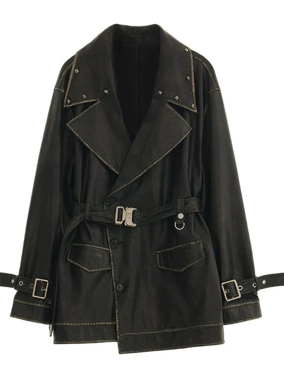 Veste en cuir mode endommagée + jupe moyenne + manteau en cuir avec ceinture