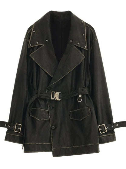 Veste en cuir mode endommagée + jupe moyenne + manteau en cuir avec ceinture