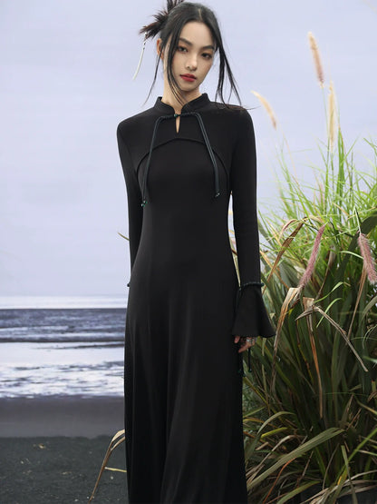 Bell Knit Retro Sleeve Dress China Buckle Long