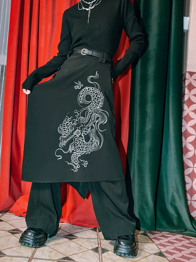 Two Piece Faux Splicing Pants Layered Wide Dragon