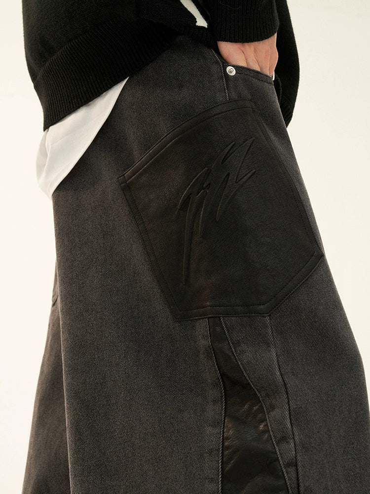Denim Leather Patchwork Pants