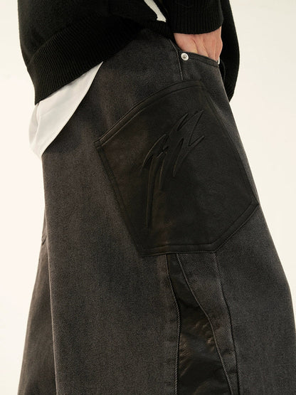 Denim Leather Patchwork Pants