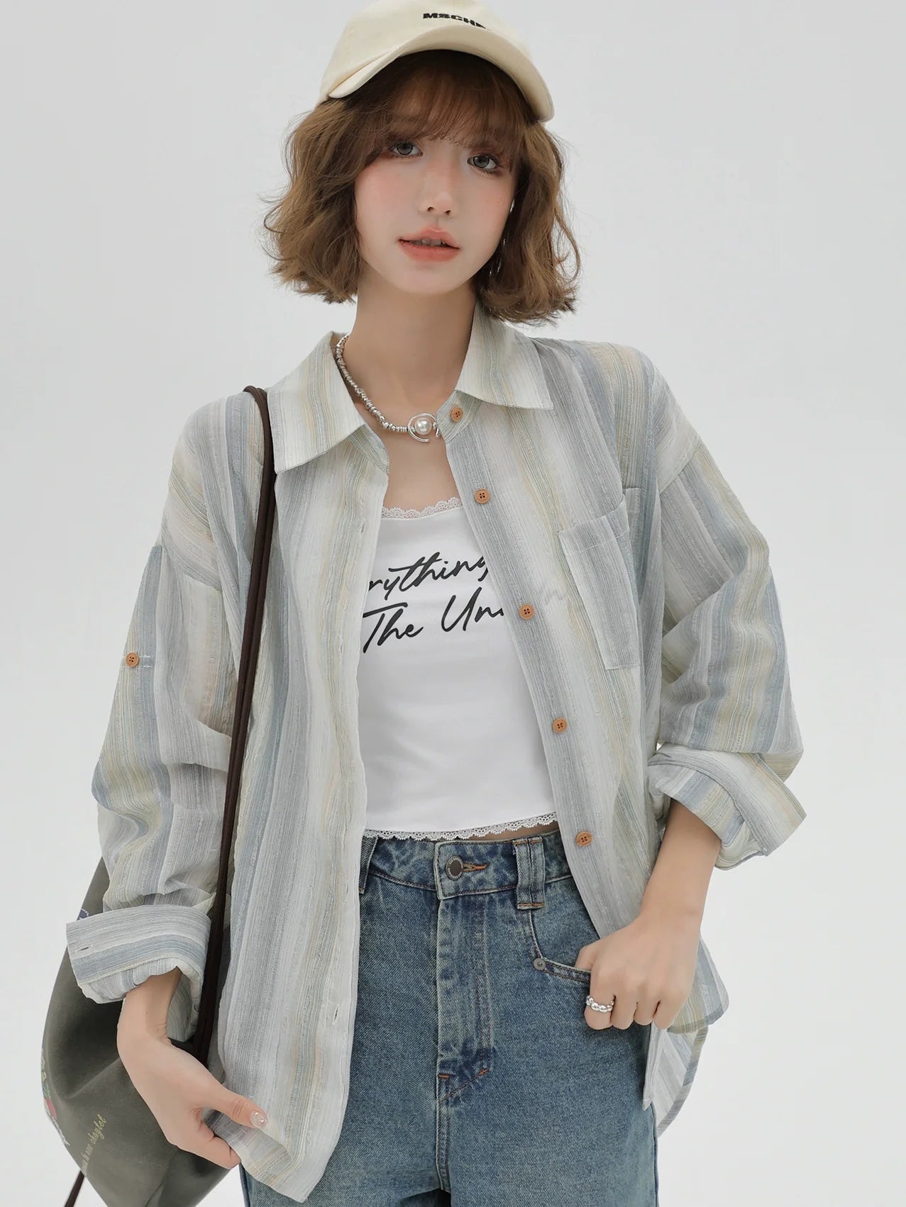 Striped Collar Shirt Loose Contrast