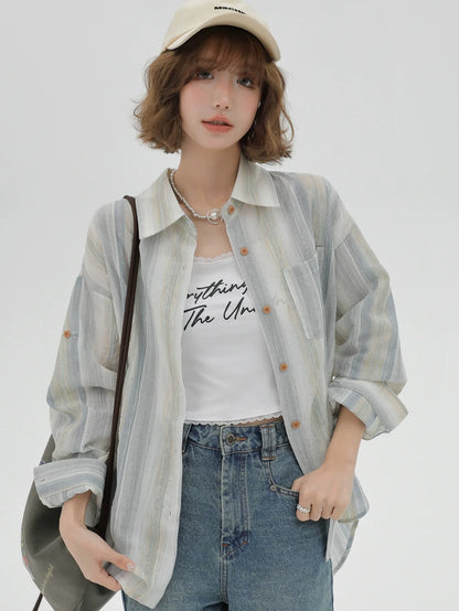 Striped Collar Shirt Loose Contrast