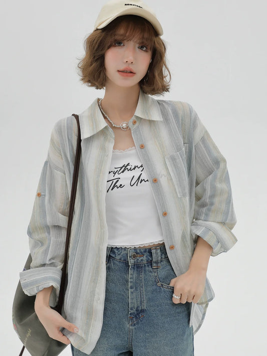 Striped Collar Shirt Loose Contrast