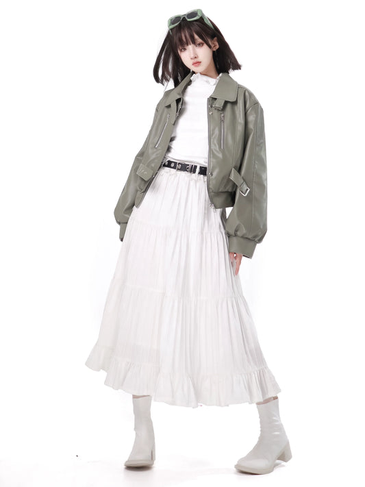 Veste en cuir vert frais Silver Fox Bell Bet Tops Jupe