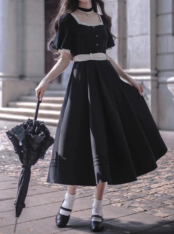 Square Black Pearl Waist Necklace French Collar Dress Black Ribbon Catsuit Retro