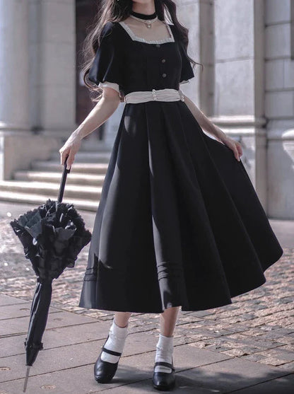 Square Black Pearl Waist Necklace French Collar Dress Black Ribbon Catsuit Retro