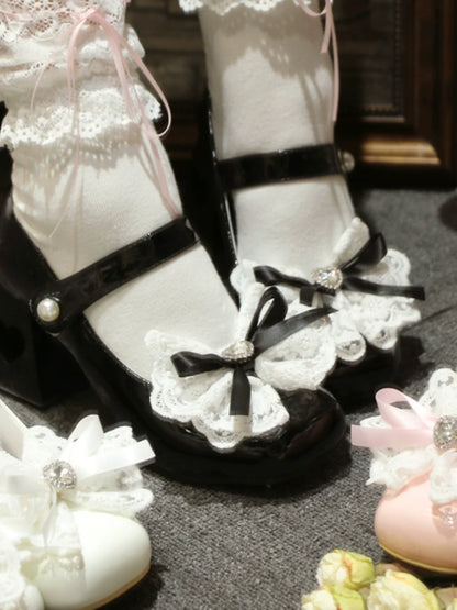 Chaussures élégantes à talons carrés en dentelle et ruban, bout pointu, Lolita Love