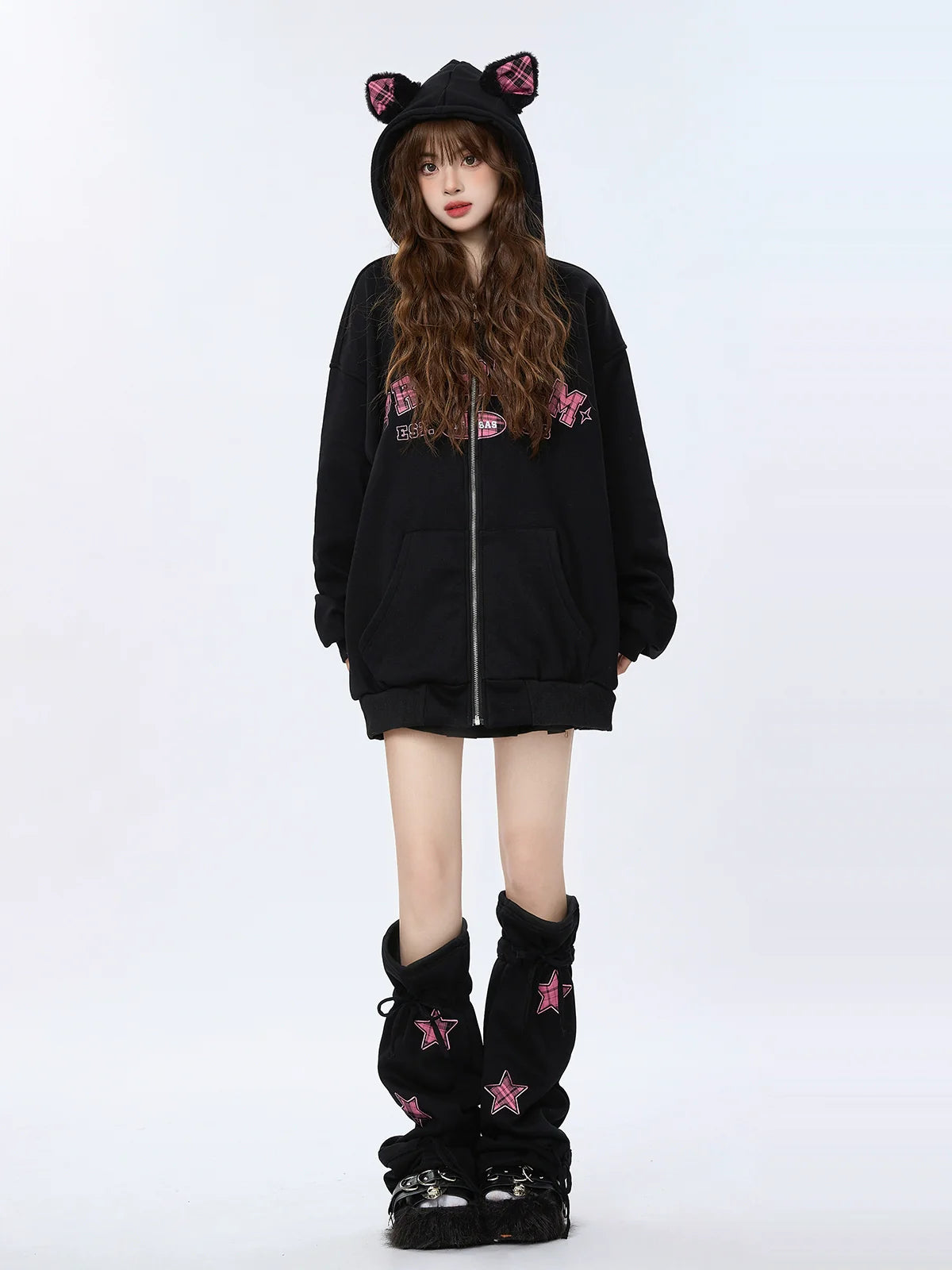 Sweat à capuche zippé en velours à carreaux avec oreilles Warmers
