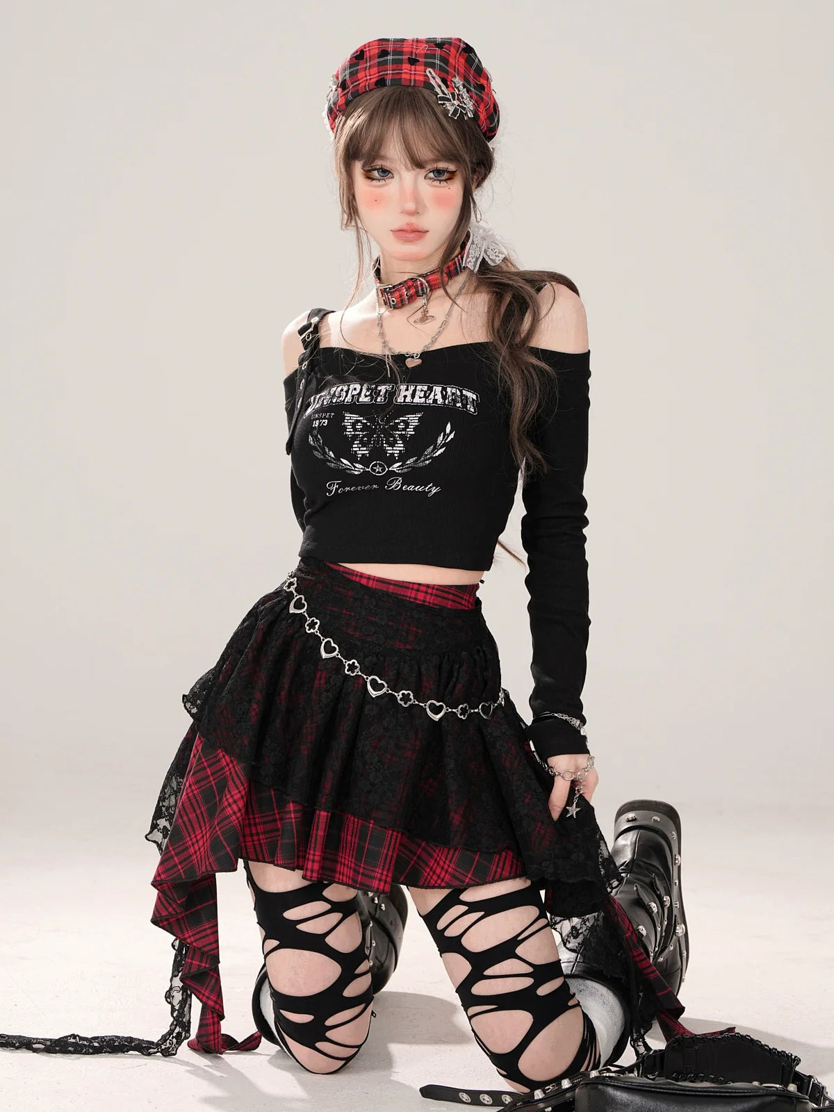 Short T-Shirt Off-the-shoulder Long Slim Black Sleeve