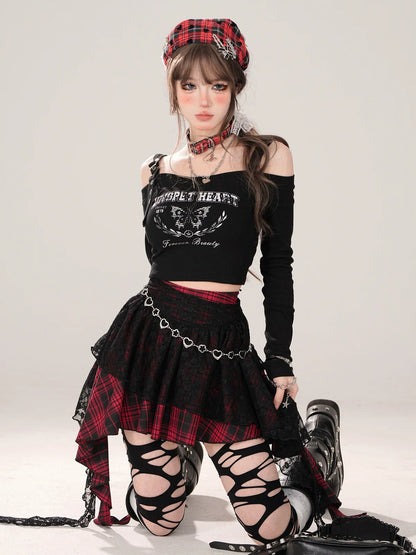 Short T-Shirt Off-the-shoulder Long Slim Black Sleeve